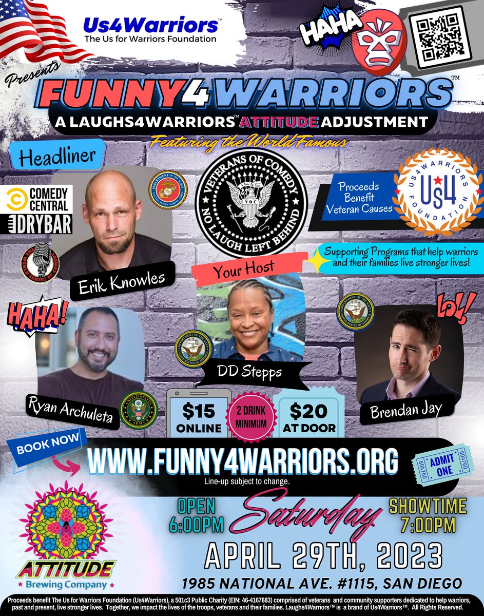 TheTonyStewart's tweet photo. San Diego, Funny4Warriors coming April 29 @AttitudeBrewing (Barrio Logan) $15 online, $20 at door. Veterans of Comedy @erikknowles, DD Stepps, Brendan Jay &amp; Ryan Archuleta. Proceeds support @Us4Warriors helping warriors &amp; families live stronger lives! https://t.co/U7eWKEUBr8 https://t.co/kb52HToLOx