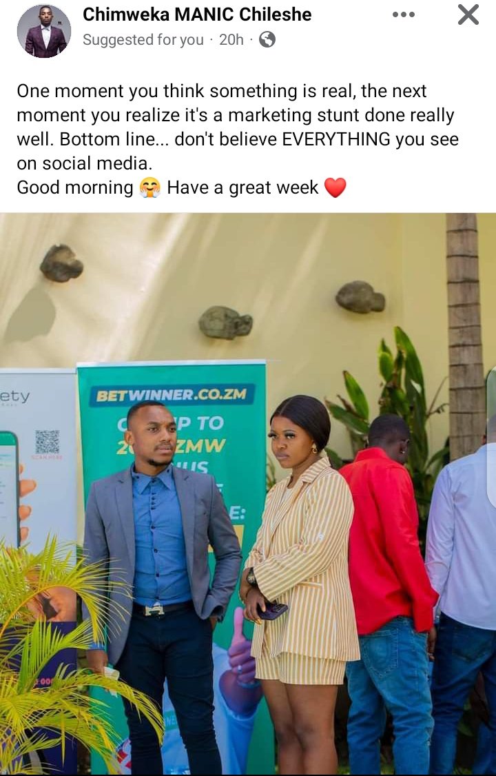 Like the day I learned Mutale Mwanza doesn't even own those cars but a publicity stunt by Chah motors is when I realized.. everything on social media is fake. Not even the iPhone, but a stunt by Emark.. social media is fakeness