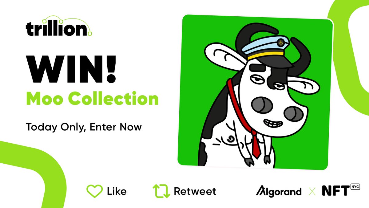 trillion_io's tweet photo. Did you know #AlgorandHasNFTs @NFT_NYC? Win this #MooCollection NFT from @collection_moo today only.  To enter...

1️⃣ Follow @algotrillion and @collection_moo 
2️⃣ Like and retweet

Good luck! $ALGO #Algorand #ALGO #NFTNYC @jeessmagalhaes https://t.co/UZ2sjuwmk8