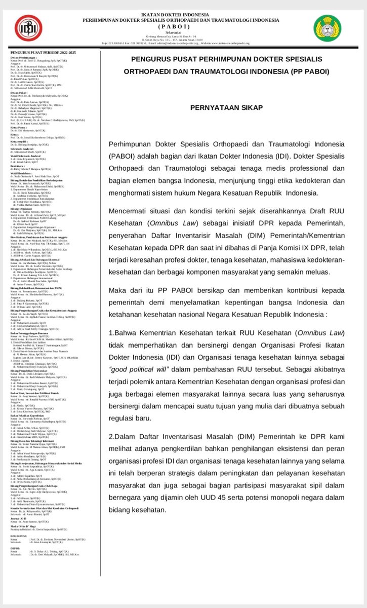 hendrianchan's tweet photo. Pernyataan sikap PP PABOI (Perhimpunan Spesialis Ortopedi dan Traumatologi) tentang RUU OBL Kesehatan,cc @PBIDI dan mohon solusinya yth Pak Presiden RI @jokowi Ketua MPR/DPR @mprgoid @DPR_RI @PDI_Perjuangan @NasDem @PDemokrat @FPKSDPRRI @KomisiYudisial @Gerindra @Golkar5 https://t.co/sV20NrbkSH