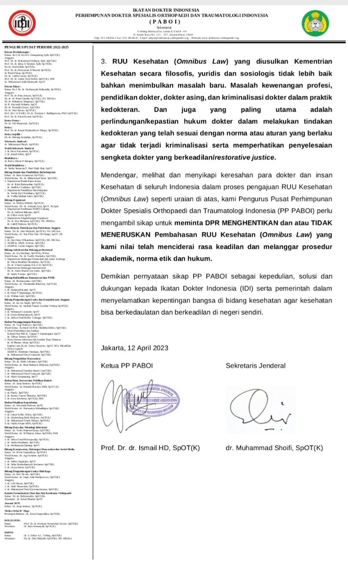 hendrianchan's tweet photo. Pernyataan sikap PP PABOI (Perhimpunan Spesialis Ortopedi dan Traumatologi) tentang RUU OBL Kesehatan,cc @PBIDI dan mohon solusinya yth Pak Presiden RI @jokowi Ketua MPR/DPR @mprgoid @DPR_RI @PDI_Perjuangan @NasDem @PDemokrat @FPKSDPRRI @KomisiYudisial @Gerindra @Golkar5 https://t.co/sV20NrbkSH