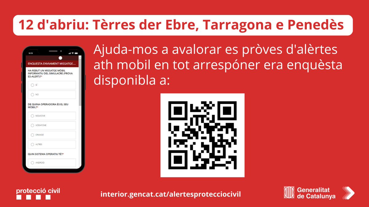 🔴 Recorda que avui, a partir de les 11 hores, sonaran les #alertesmobils de #protecciocivil a les Terres de l'Ebre, Tarragona i el Penedès 🔴 

Si tens dubtes sobre la prova, com configurar el telèfon, etc, entra a la web 👇
interior.gencat.cat/ca/arees_dactu…