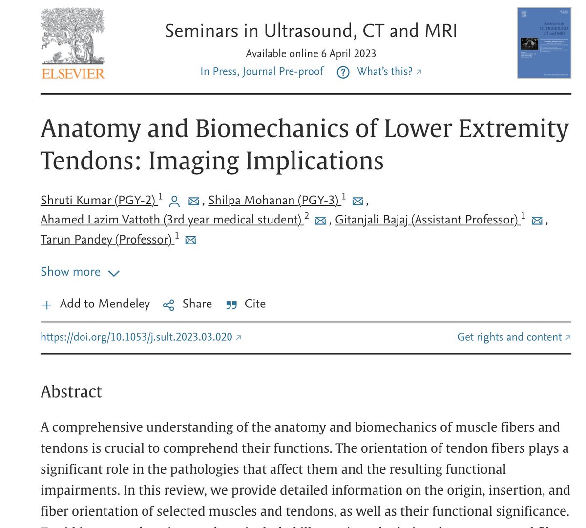 Shruti Kumar MD (@shrutikumar2506) on Twitter photo Check out our article in the " Seminars in Ultrasound, CT and MRI". Huge shoutout to <a href="/gbajaj_md/">Gitanjali Bajaj</a> , <a href="/MohananShilpa/">Shilpa Mohanan</a> for their contributions. The article discusses functional significance of fiber orientation of selected lower limb tendons, and their imaging implications. Check out our article in the " Seminars in Ultrasound, CT and MRI". Huge shoutout to <a href="/gbajaj_md/">Gitanjali Bajaj</a> , <a href="/MohananShilpa/">Shilpa Mohanan</a> for their contributions. The article discusses functional significance of fiber orientation of selected lower limb tendons, and their imaging implications.