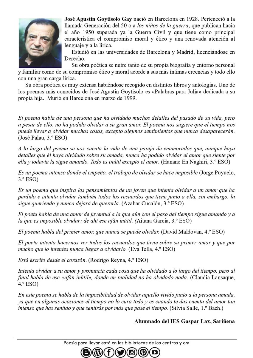 Desde el IES Gaspar Lax, de Sariñena, nos llega «Afán inútil» de José Agustín Goytisolo, uno de los grandes poetas de la generación del 50. Poema de aparente sencillez que encierra una gran profundidad.poesiaparallevar-ljp.blogspot.com/2023/04/n-18b-… <a href="/InnovaEducAr/">InnovaEducAr</a> <a href="/C_Comunicativa/">COMPETENCIA COMUNICATIVA</a> #poesíaparallevar