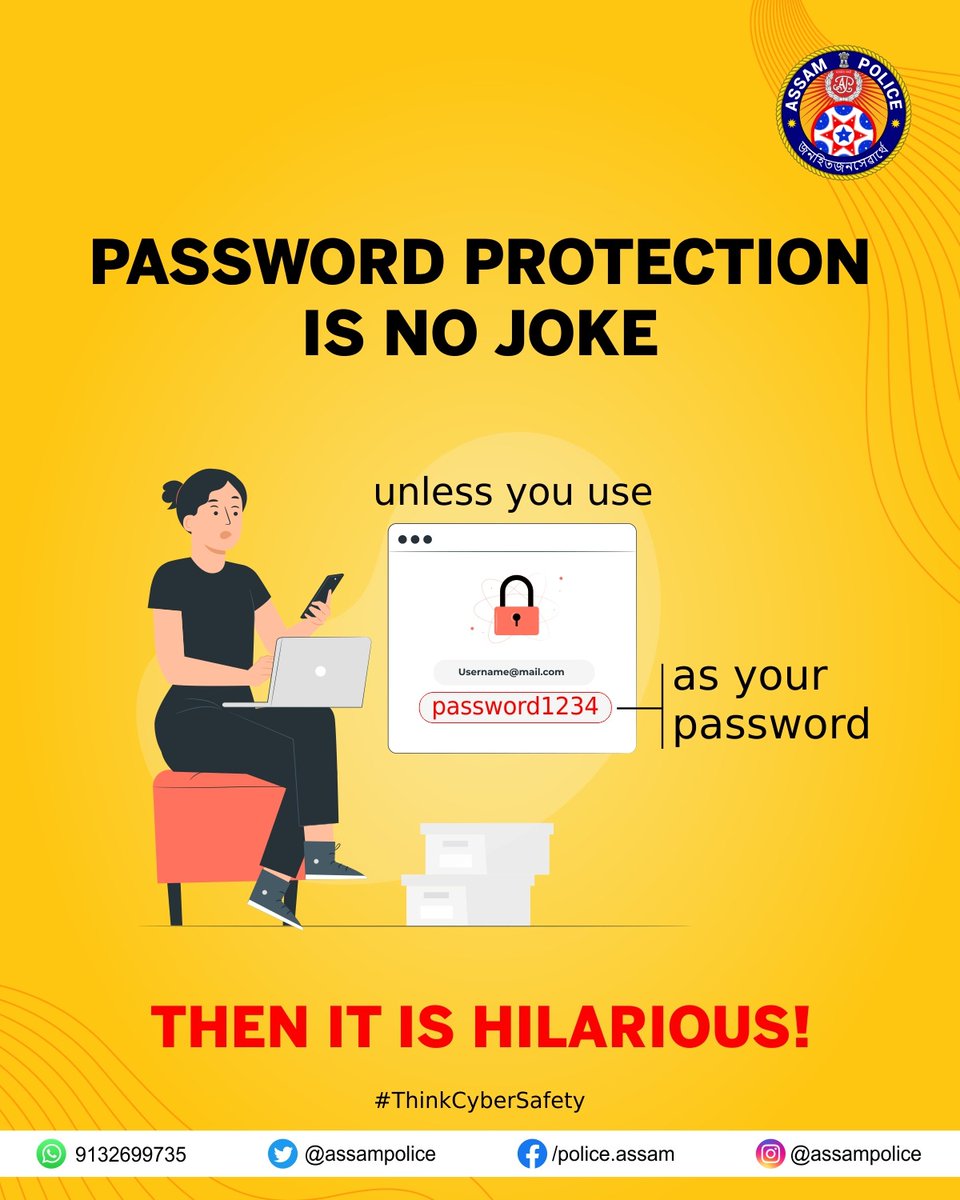 assampolice's tweet photo. Trust us, making your password 'password1234' is like leaving your front door wide open.
Don't make it easy for the bad guys to walk in.
#ThinkCyberSafety https://t.co/cqxX3bs4uO