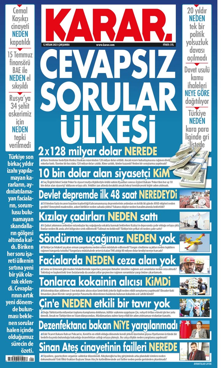 🔎Bugünkü birinci sayfamız
🔴Cevapsız sorular ülkesi

📰karar.com/karar-gazetesi…
📰karar.com/guncel-haberle…
