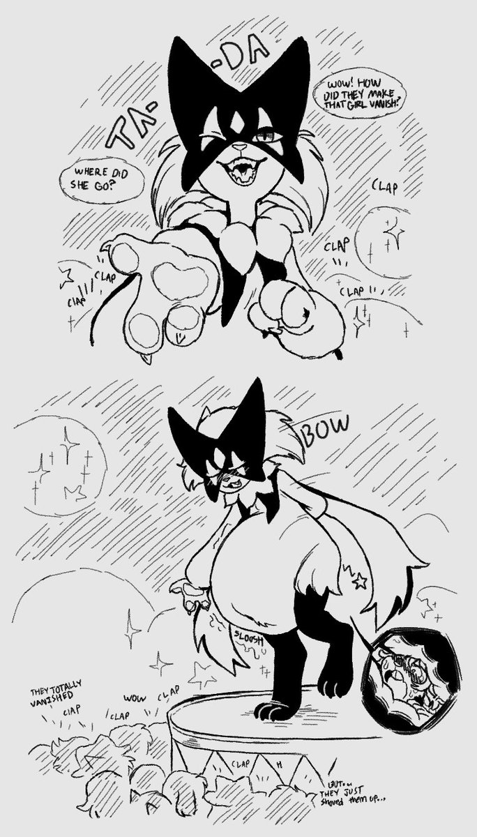 KTCapRat's tweet photo. CW: Vore

It's always exciting when a magician calls on you for a trick.

...if you can call this a 'trick'. It's more of a treat, really.

Art: @EmmaCat64 https://t.co/i86KZgX2N8