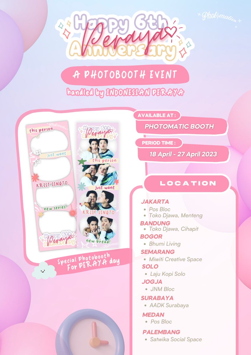 ✨Special Project✨

Photobooth #ทีมพีรญา  6th Anniversary

📅 18-27 April 2023
📌 9 Kota di Indonesia (Jakarta, Bandung, Bogor, Semarang, Solo Yogyakarta, Surabaya, Medan, Palembang)

Please lemme know kalau kalian ikut berpartisipasi❤️

#คริสสิงโต 
#6thPerayaAnnivxPerayaID