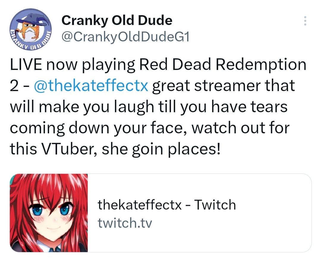thekateffectx's tweet photo. Literally made my day! I'm at work trying not to cry from one of my favorite streamers making this tweet! Guys check out @CrankyOldDudeG1 Hes A GREAT STREAMER!!! You're missing out if you haven't checked him out ❤️ 

#VtuberSupport #Vtuber #Streamer #twitchstreamer https://t.co/TD8yYDcWD9