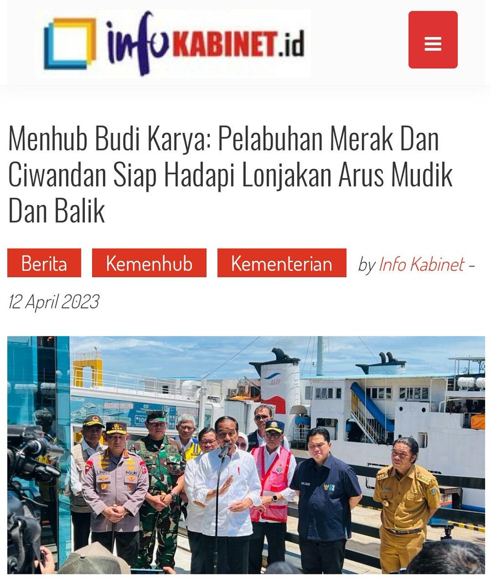 Menhub Budi Karya: Pelabuhan Merak dan Ciwandan Siap Hadapi Lonjakan Arus Mudik dan Balik infokabinet.id/2023/04/12/men…

<a href="/jokowi/">Joko Widodo</a> <a href="/kemenhub151/">Kemenhub RI</a> <a href="/BudiKaryaS/">Budi Karya Sumadi</a>