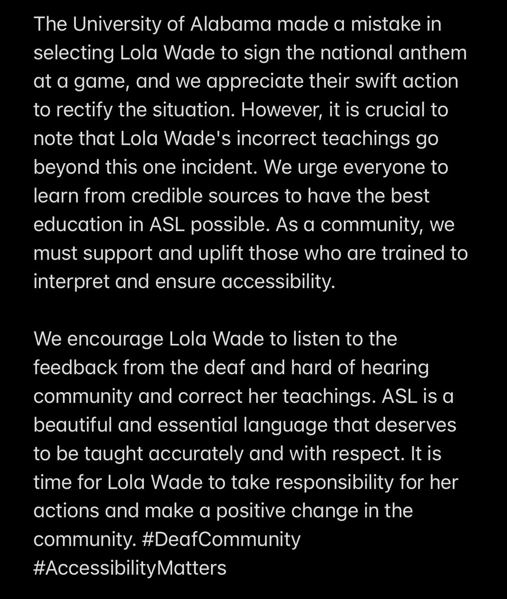 Concerned about the recent sign language interpretation at @AlabamaAthletics game by Lola Wade. As a member of the deaf community, having certified interpreters is essential for accessibility. Let's uplift and support qualified interpreters. #DeafCommunity #AccessibilityMatters