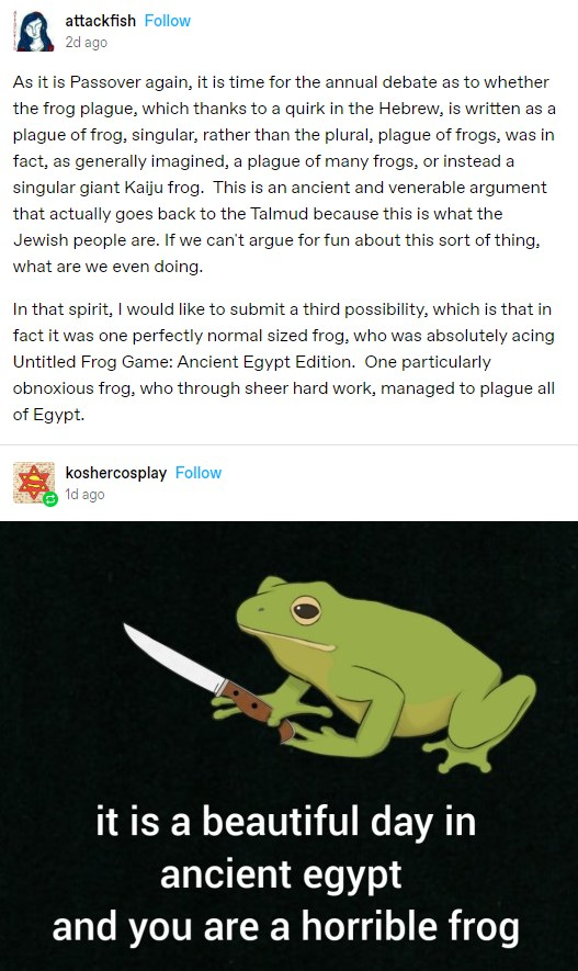 jelenawoehr's tweet photo. I've found it, the best Pesach content, this is a frog with a knife, your opinion is unleavened https://t.co/Dl5WJmJv5U