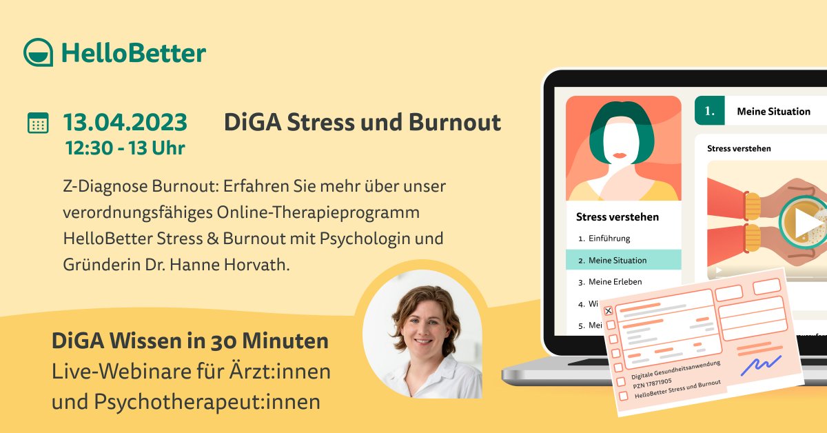 Für Ärzt:innen und Psychotherapeut:innen - Wie sieht eine digitale Gesundheitsanwendung aus und wie funktioniert sie? Morgen (12:30-13 Uhr) findet unser nächstes kostenfreies 30-min Webinar zur DiGA Stress und Burnout statt. Anmelden: hellobetter.de/webinar/