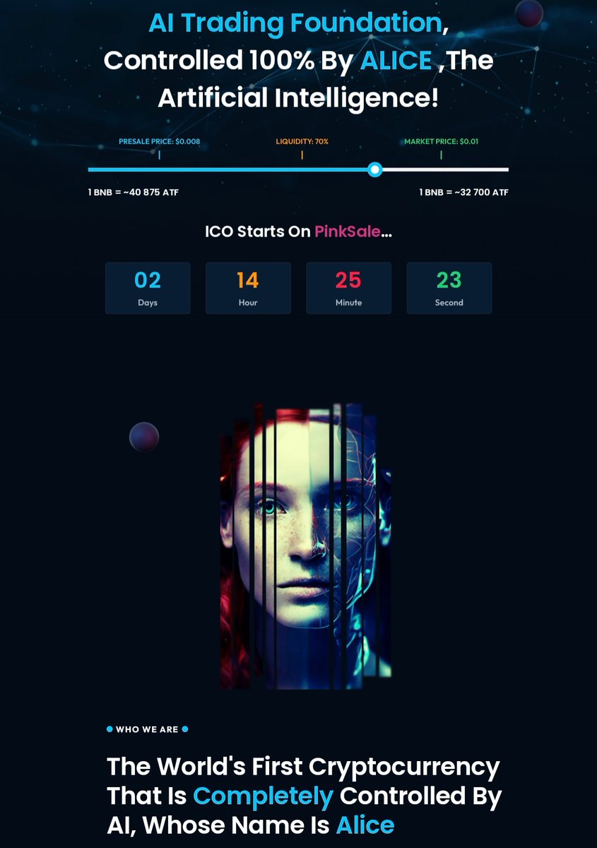 CryptoEmdarks's tweet photo. $ATF @AITradingFound Presale in 2 days on Pinksale 🔴

 Token is 100% controlled by Alice's AI and  trading fund💎

 Alice buys back tokens with profits she gets.🔥

- CEX Listing In Progress ✅
- AUDIT completed ✅
 
Presale : $0.008 
Listing   : $0.01

https://t.co/MUFcQajTNh https://t.co/GymbDZ3Ok5