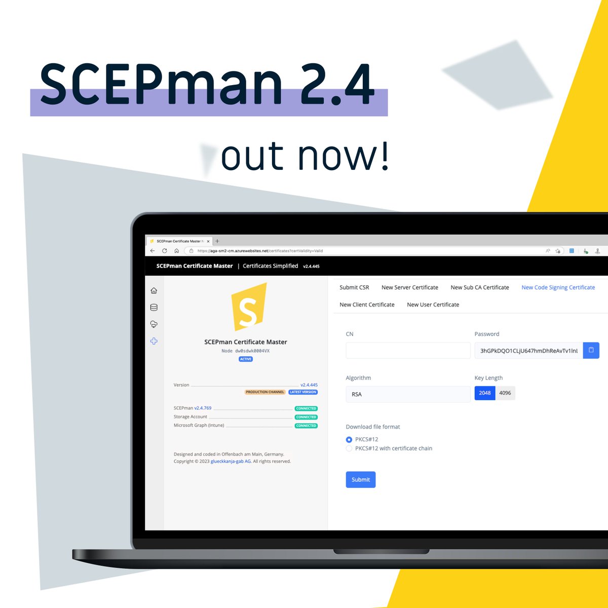 scepman_'s tweet image. We&apos;ve just released #SCEPman 2.4 to production! Check out the new features, including logging to Azure Monitor, improved CDP endpoint (CRL) support, and forms for certificate requests for code signing and sub CAs.

Learn more in our changelog:
👉 docs.scepman.com/changelog