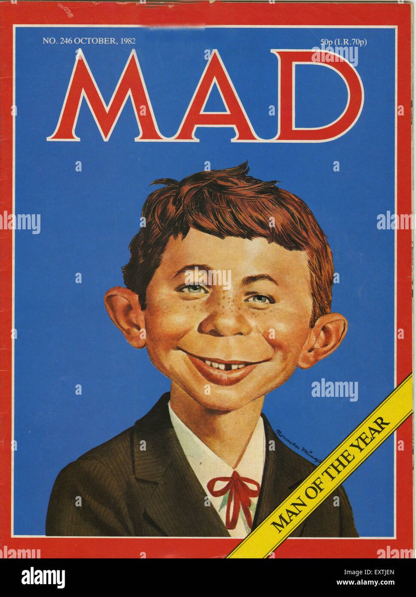 jennifever1's tweet photo. My Dad used to read MAD and as a child this face used to terrify me. Only as an adult did I appreciate the importance of this magazine but Alfred E. Neuman’s face still creeps me out #RIPAlJaffee https://t.co/jQgmK62L6V