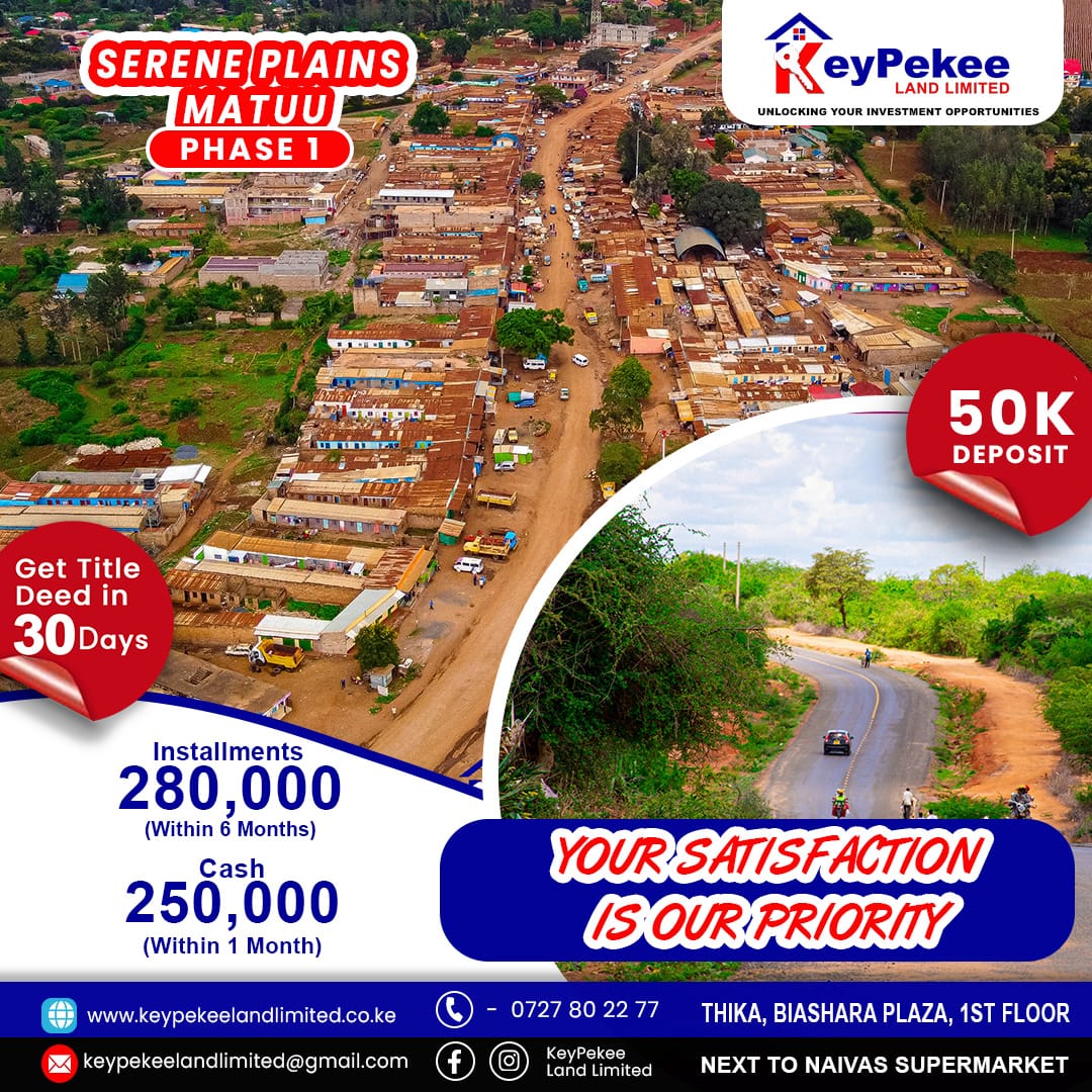 KeypekeeLand's tweet photo. Through our Serene Plains Matuu Phase 1 project in Matuu, you can be a land owner today. A 50 by 100 plot goes for Kshs 250,000 for cash buyers and Kshs 280,000 for a 6 months instalments purchase terms. Call/WhatsApp us via0727 80 22 77.
#Matuuplots #RiggyG #Mamangina #WikiLeaks https://t.co/6S7kVDsmvK