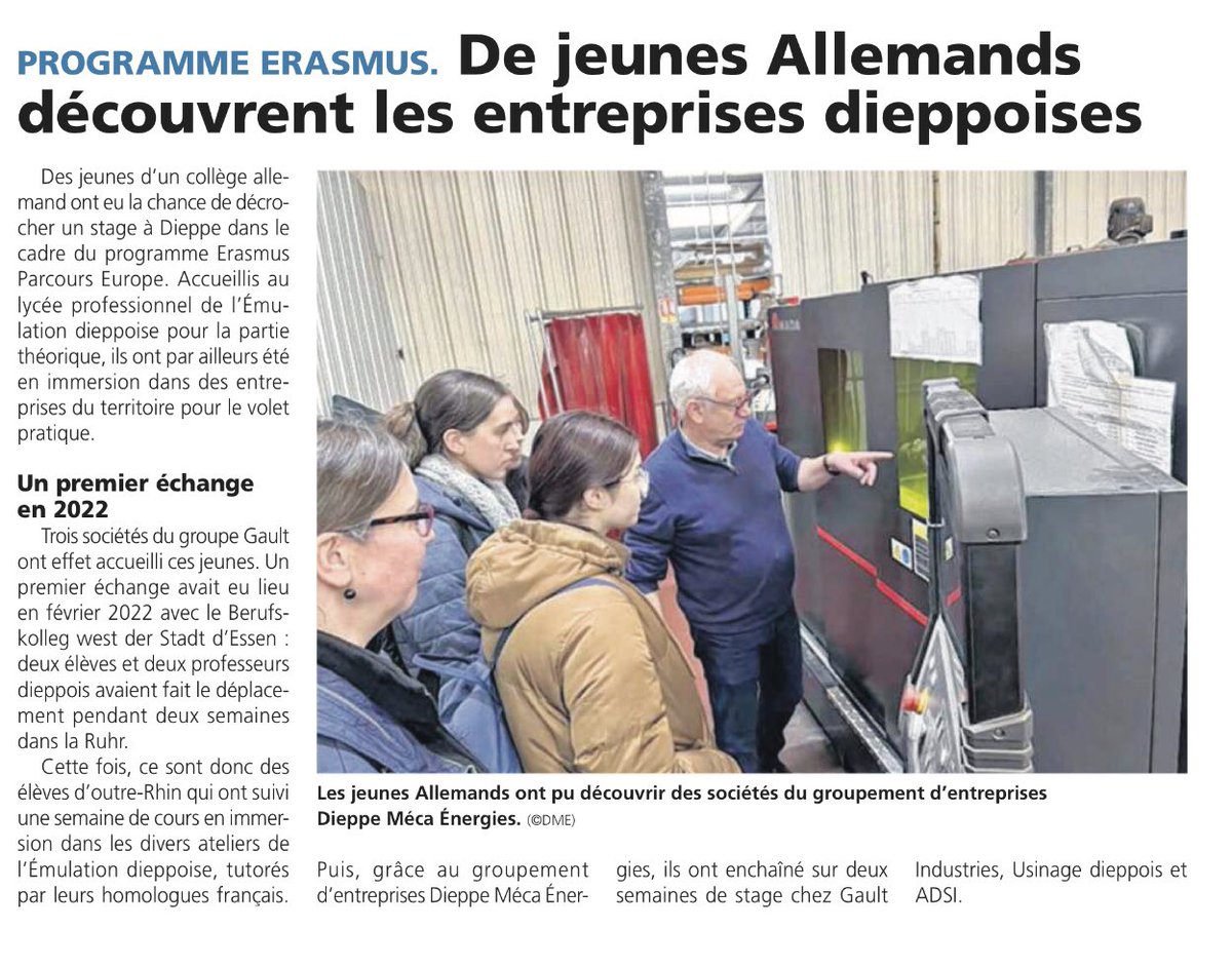 EDieppoise's tweet photo. Notre Partenariat ERASMUS @Diepmecaenergie et Berufskolleg West der Stadt Essen est évoqué dans les pages des @infosdieppoises du mardi 11 avril. On espère que ce sera le début d’une longue série! #ErasmusPlus #intershipprogram https://t.co/8KyQTs2vmw