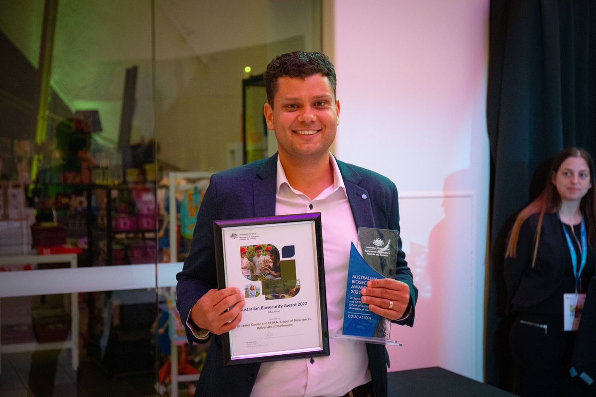 jscamac's tweet image. I am deeply humbled that myself and the teaching team at @CEBRA_UoM received a @DAFFgov  Australian Biosecurity Award for Excellence in education for the work we've done in developing a practical postgraduate biosecurity subject @BioSci_UniMelb @UniMelb agriculture.gov.au/about/news/aba….
