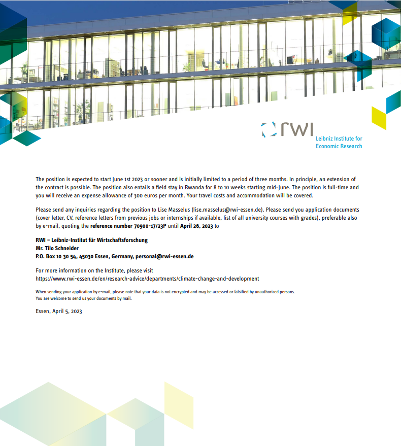 Lise Masselus (@lisemasselus) on Twitter photo We are looking for an intern! Come work with us on an exciting impact evaluation of a government electrification program in Rwanda.
More details: bitly.ws/CS4E
<a href="/jrgptrs/">Jörg Ankel-Peters</a> <a href="/NinaKupzig/">Nina Kupzig</a> We are looking for an intern! Come work with us on an exciting impact evaluation of a government electrification program in Rwanda.
More details: bitly.ws/CS4E
<a href="/jrgptrs/">Jörg Ankel-Peters</a> <a href="/NinaKupzig/">Nina Kupzig</a>