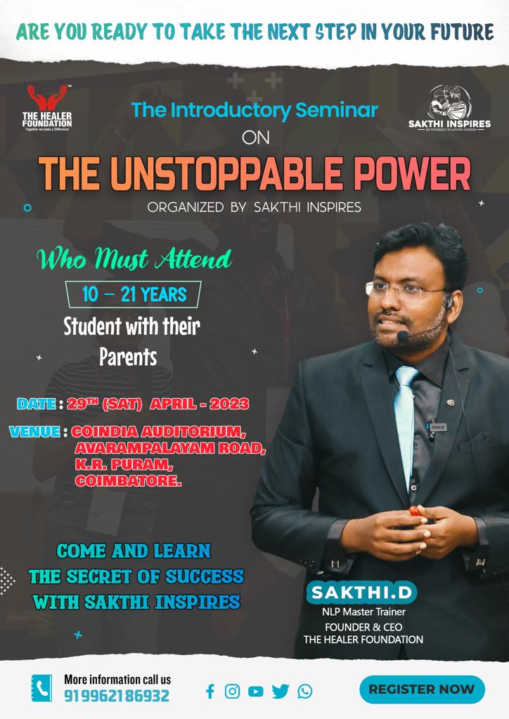 TheHealerFound1's tweet photo. Are you ready to make a better future for your child...? Here's the perfect platform to mould your children... Utilize this free seminar.  Book your seats :9962186932  

#thf #TheHealerFoundation #seminar #lifeskill #Future #Children #Career #Coimbatore https://t.co/fiXSn1sgbk