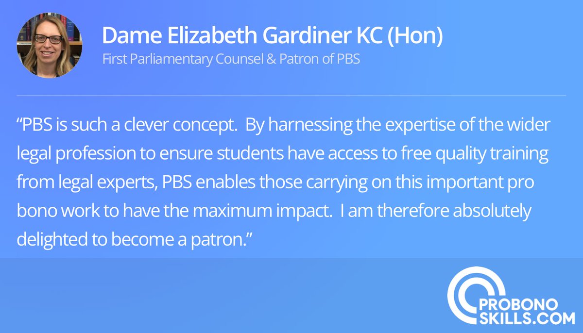 It’s our absolute pleasure to share that Dame Elizabeth Gardiner KC (Hon), First Parliamentary Counsel, has accepted an invitation to become patron of @ProBonoSkills. Find out more below ⬇️

#WeDoProBono

probonoskills.com/news/dame-eliz…