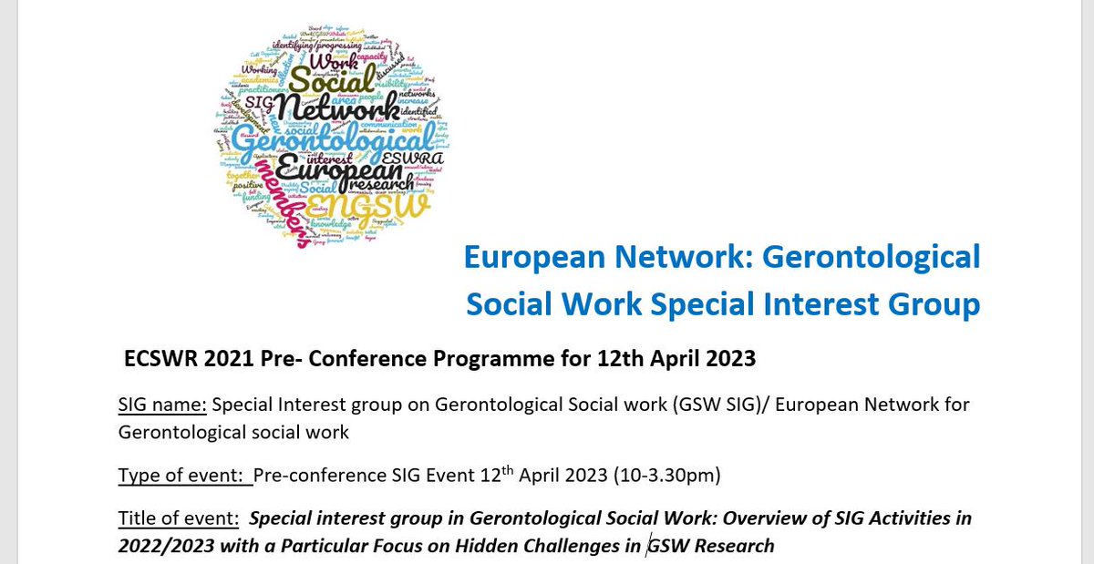 Day 1 #ECSWR202 #Milan
Looking forward to welcoming members from across Europe to the European  Network for Gerontological Social Work SIG- our theme is Hidden Challenges in Gerontological #socialwork #research <a href="/ENGSW_ESWRA/">European Network for Gerontological Social Work</a> <a href="/ESWRA1/">ESWRA</a>