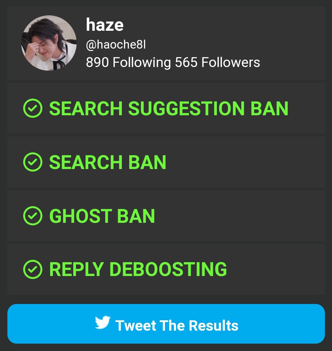 Check <a href="/haoche8l/">haze</a> Success.

✅ Search Suggestion Ban
✅ Search Ban
✅ Ghost Ban
✅ Reply Deboosting

By <a href="/ShadowBirdBot/">ShadowBird</a>
taishin-miyamoto.com/ShadowBan/