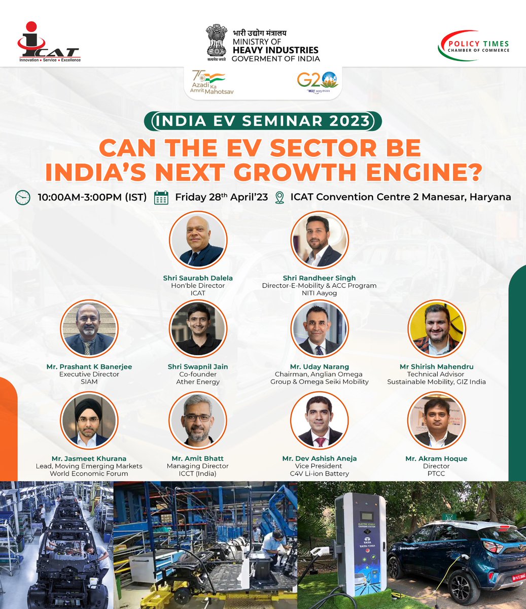 <a href="/MHI_GoI/">Ministry of Heavy Industries</a>,<a href="/icat_in/">ICAT</a> &amp; PTCC are organising India EV Seminar 2023 on “Can the EV Sector be India's Next Growth Engine”

Time: 28th April’23, 9.30am-3pm, ICAT centre 2 Manesar Haryana

Reg: lnkd.in/g4TaMnPN

#EVInfrastructure #CleanEnergy #SustainableTransportation