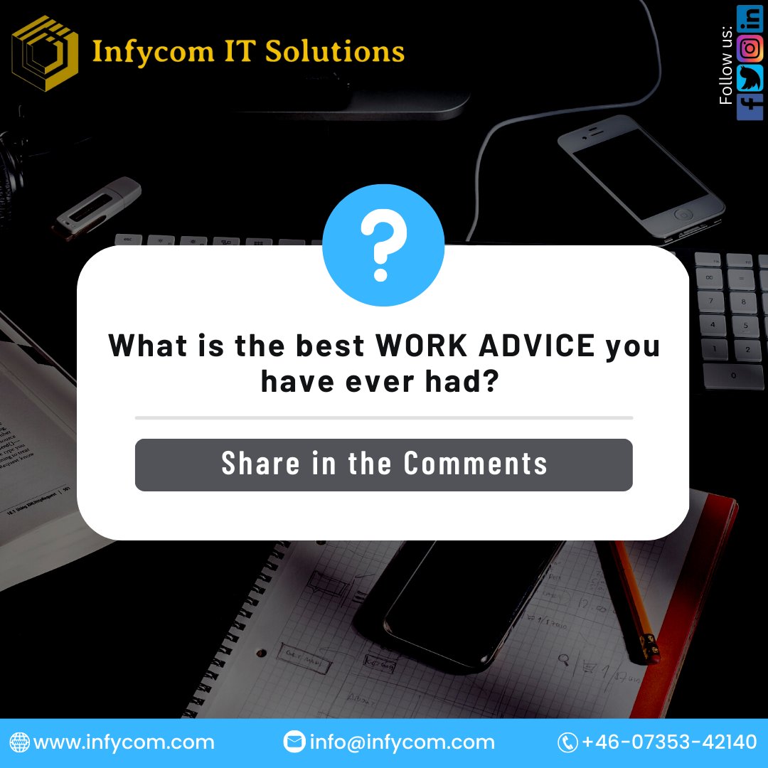 Infycomit's tweet image. Start your &apos;DAY&apos; with the best work advice!

What is the best 𝑾𝒐𝒓𝒌 𝑨𝒅𝒗𝒊𝒄𝒆 you have ever had?

Share the best work advice you have ever had in the comment section?

#ProfessionalAdvice #CareerMotivation #WorkLifeTips #CareerTips #SuccessTips #Infycom #InfycomITSolutions