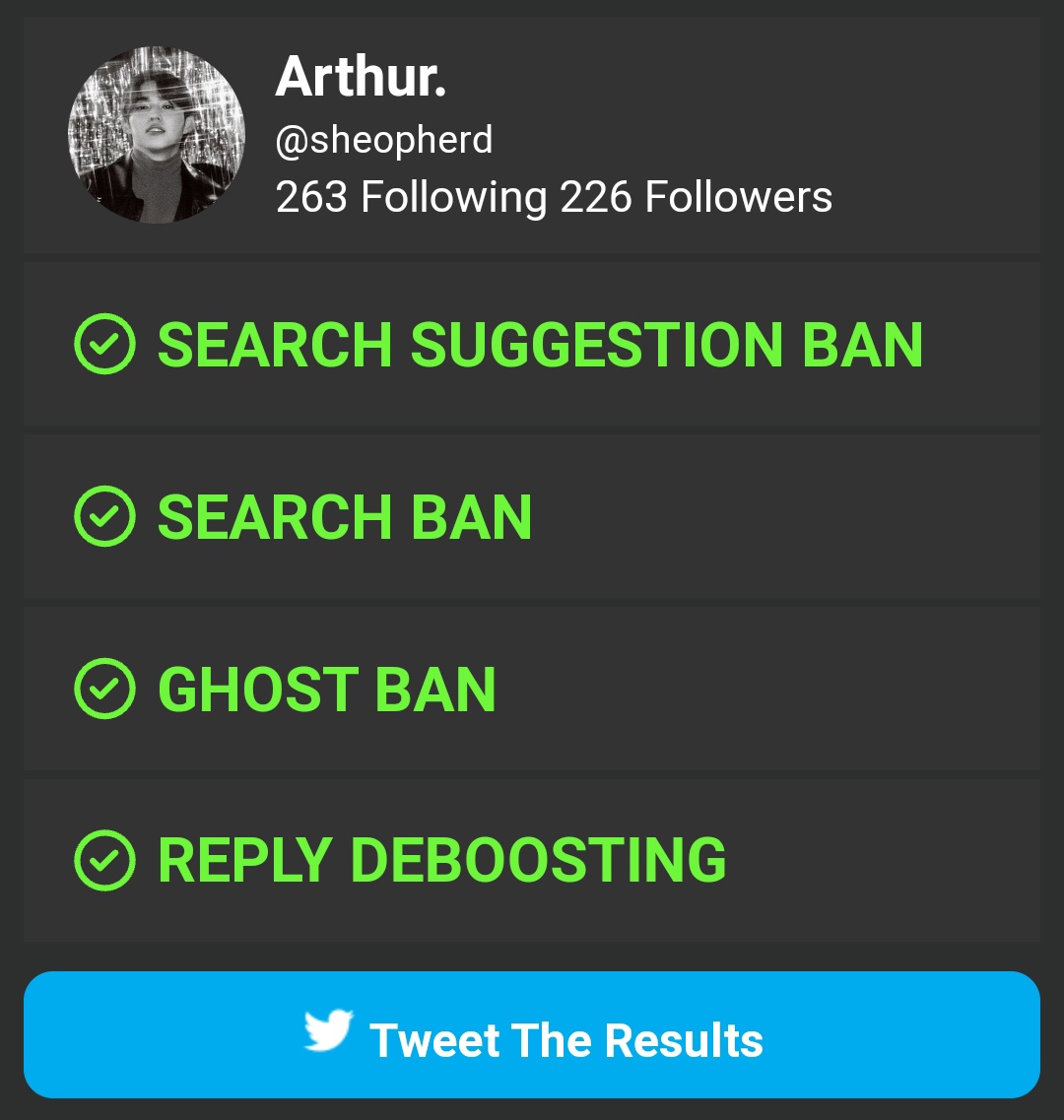 sheopherd's tweet image. Check @sheopherd Success.

✅ Search Suggestion Ban
✅ Search Ban
✅ Ghost Ban
✅ Reply Deboosting

By @ShadowBirdBot
taishin-miyamoto.com/ShadowBan/