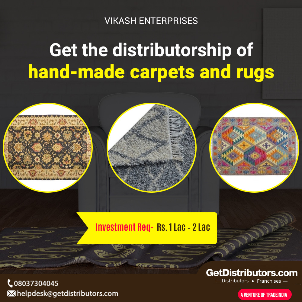 Get the #distributorship of Hand-made #Carpets, #Rugs and allied #HomeFurnishings. 
Complete details 👉 bit.ly/41jJdLh

#HandmadeCarpets #HandmadeRugs #Distributors #Dealers #Wholesalers #Dealership #AppointDistributors #GetDistributors #Suppliers #Traders