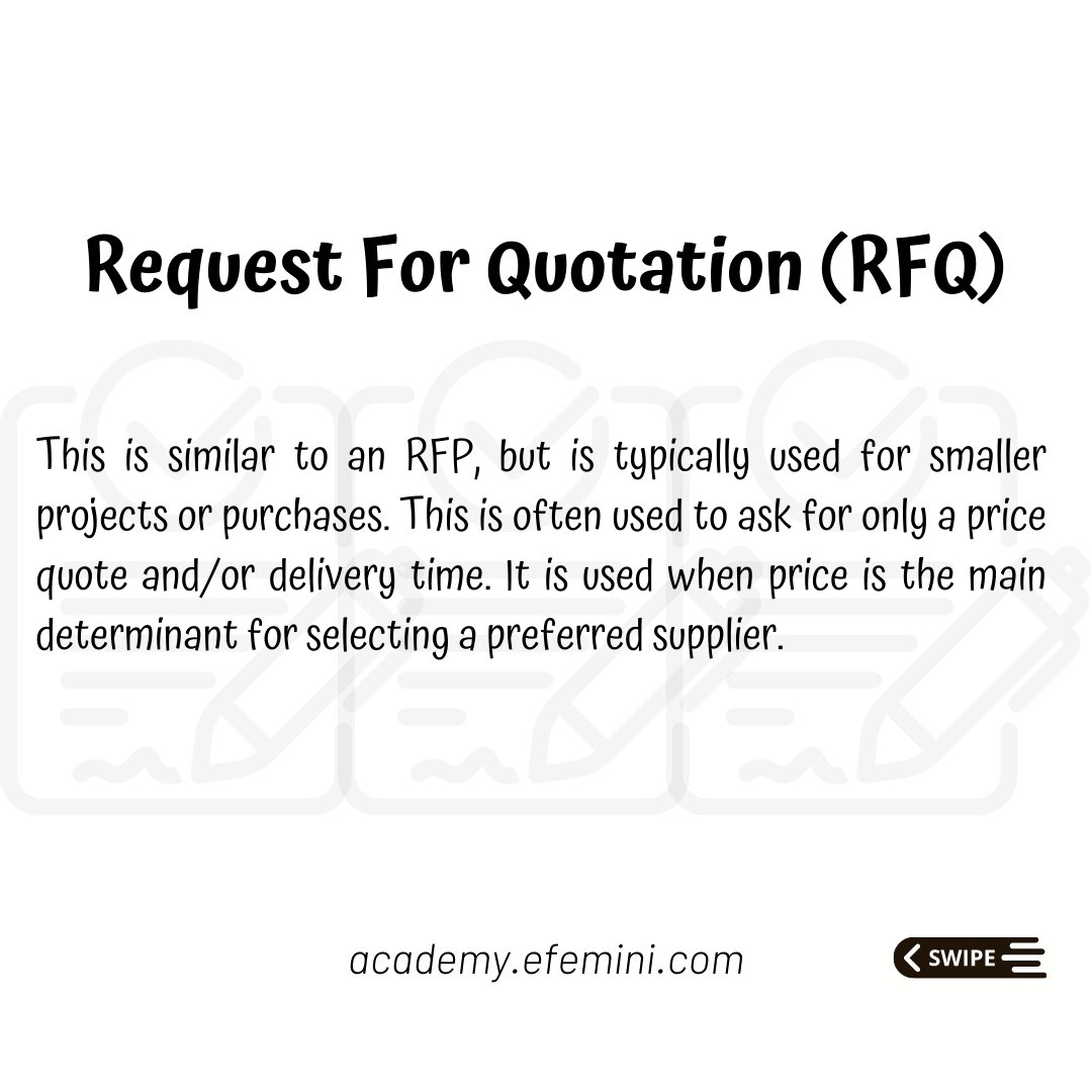 Efemini5's tweet image. In my early days in procurement, I did not really understand the difference between these terms 🤷‍♀️ but you don’t have to go through same, let’s explore the RFx suite.😊

#efeminiacademy #bidding  #procurementmadeeasy #rfp #rfq #bidmanagement #share #save