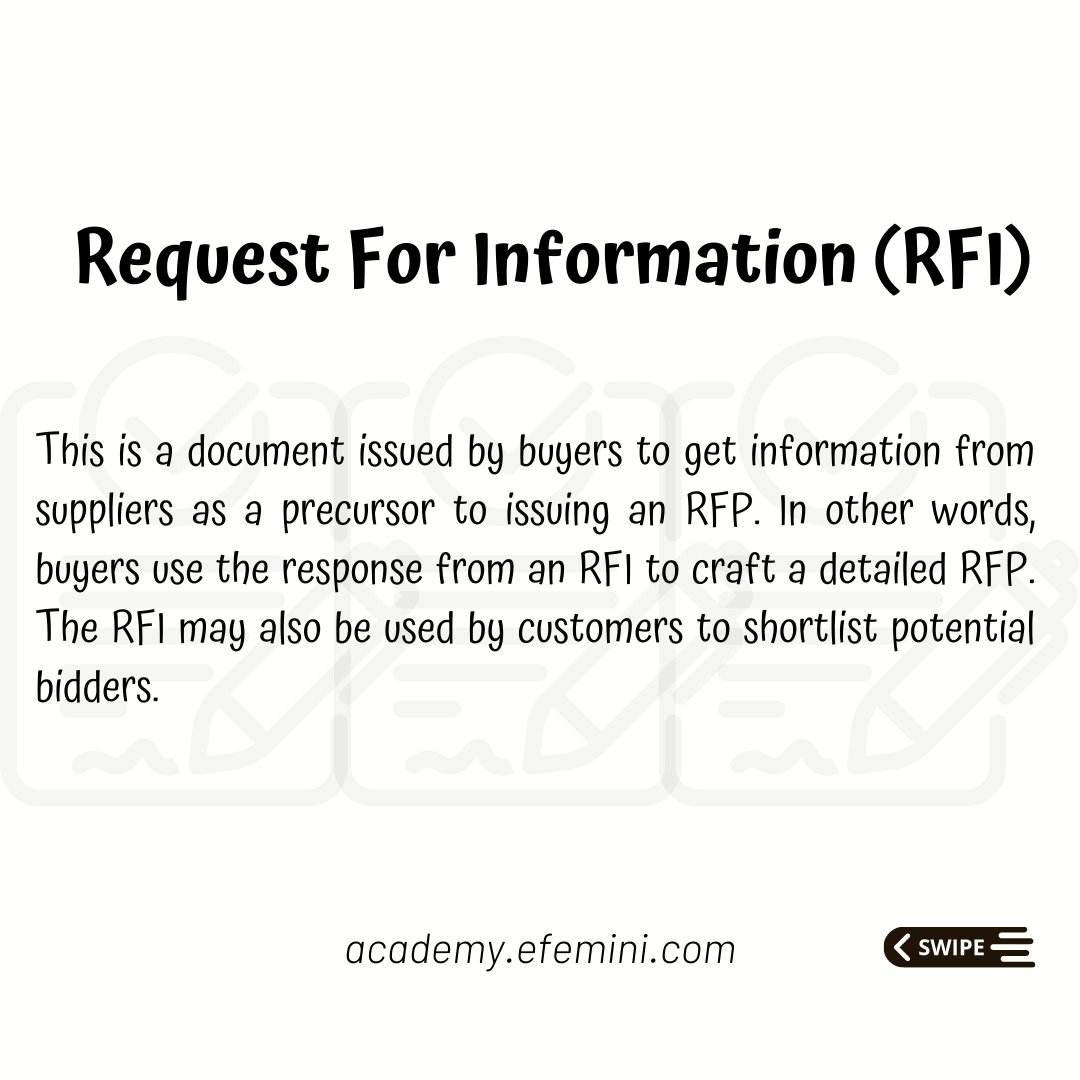 Efemini5's tweet image. In my early days in procurement, I did not really understand the difference between these terms 🤷‍♀️ but you don’t have to go through same, let’s explore the RFx suite.😊

#efeminiacademy #bidding  #procurementmadeeasy #rfp #rfq #bidmanagement #share #save
