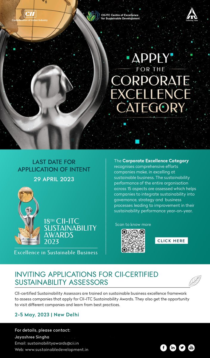 ciicesd's tweet photo. 𝐂𝐈𝐈-𝐈𝐓𝐂 𝐒𝐮𝐬𝐭𝐚𝐢𝐧𝐚𝐛𝐢𝐥𝐢𝐭𝐲 𝐀𝐰𝐚𝐫𝐝𝐬 𝟐𝟎23, invites applications for the 18th edition 

Companies 4m #manufacturing&amp; #servicesectors can apply 4 Corporate Excellence Category

Last date: 29 Apr 2023

For info, visit: https://t.co/2qnhqEkFS1 https://t.co/fmGMzfSldR