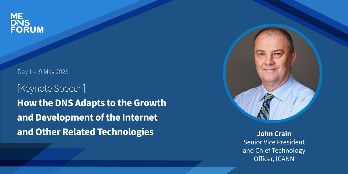 Join us for a special Keynote as #ICANN's John Crain, Senior VP and Chief Technology Officer, shares his unique take on the evolution and growth of the DNS. 

To learn more about #MEDNSF2023 sessions >> mednsf.org