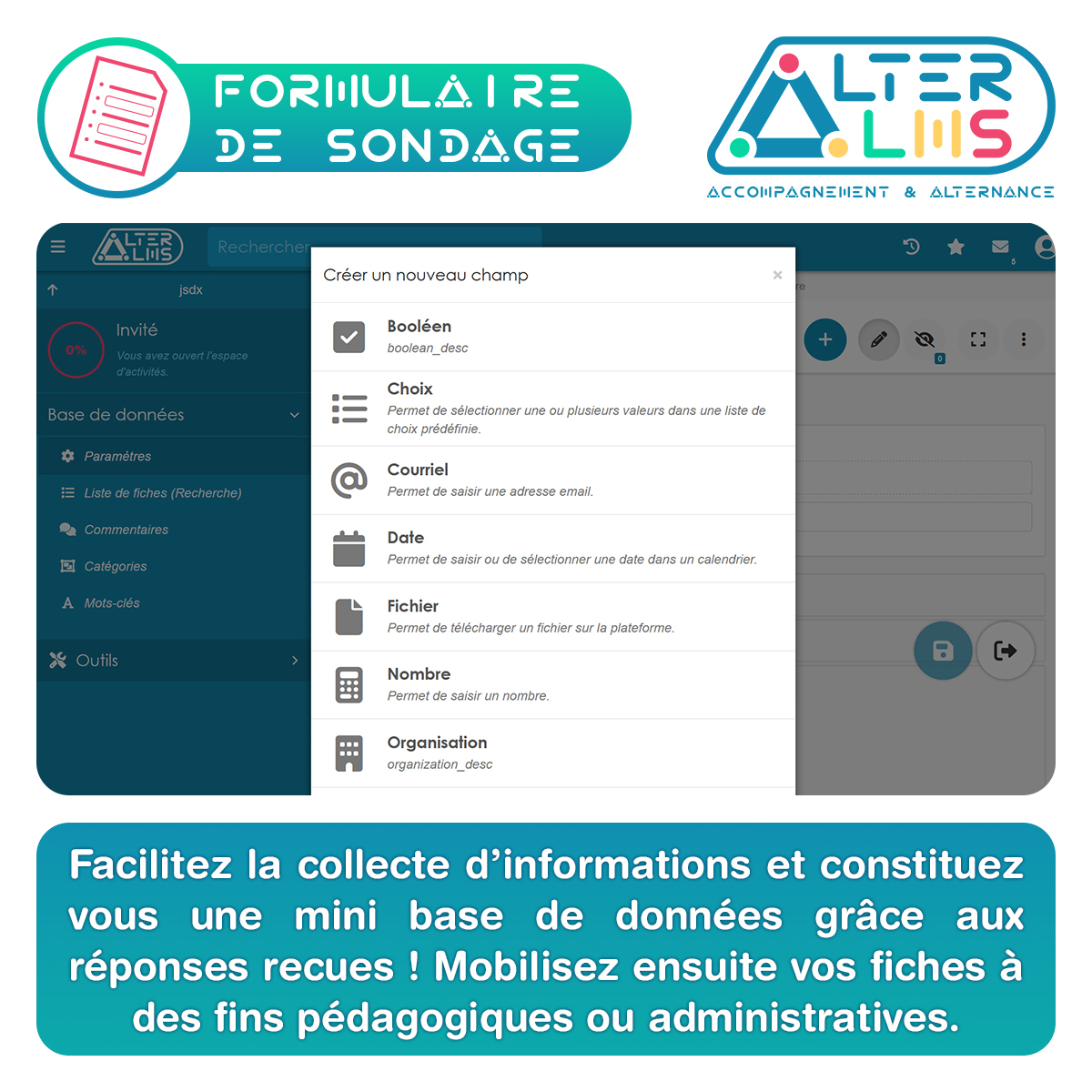 Le  #formulaire de #sondage d'AlterLMS est un outil auteur intégré hautement paramétrable pour collaborer et mutualiser au sein de l'équipe pédagogique. Export de chaque réponse possible en PDF! Demandez une démo! #AlterLMS #formation #alternance #apprentissage #elearning
