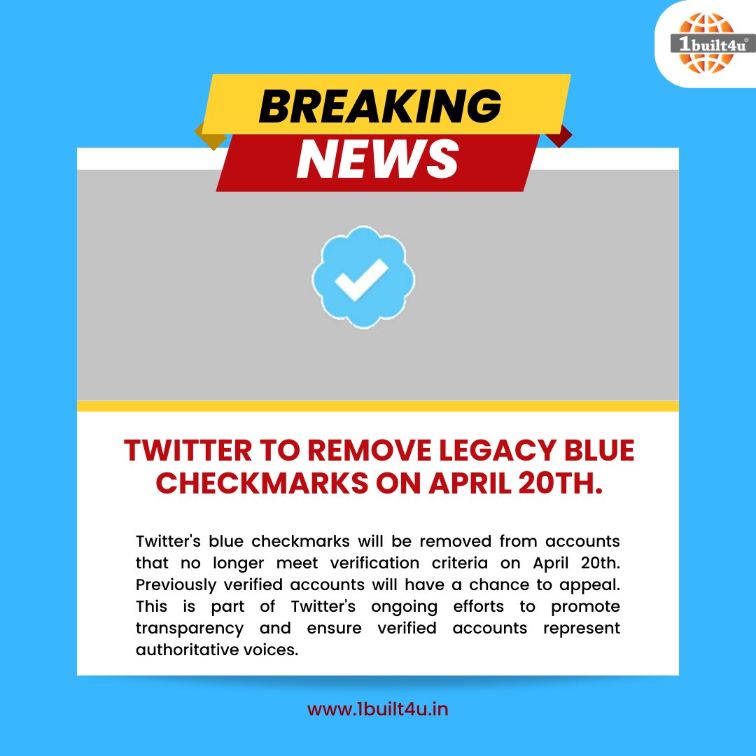 1built4u's tweet photo. Twitter to remove legacy blue checkmarks on April 20th.
#1built4u
#Twitter
#verification
#bluecheck
#transparency
#socialmedia
#accountverification #notablefigures #authoritativevoices #appealsprocess https://t.co/mGUd1LeHtC