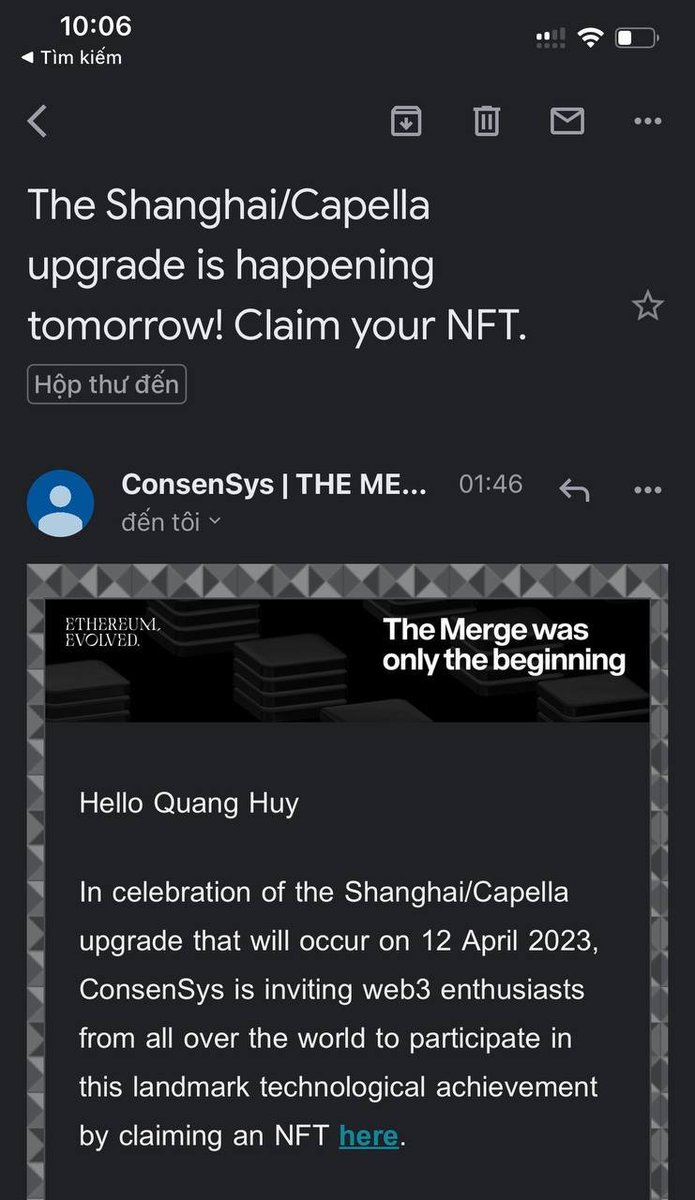 Huy1359's tweet photo. Đợt trước ai đã đăng kí claim NFT Shanghai Upgrade này thì kiểm tra Mail nhé

8 giờ sáng mai 13/4/2023 sẽ claim được theo đường link được gửi trong Mail https://t.co/xKqhJ05GgB
