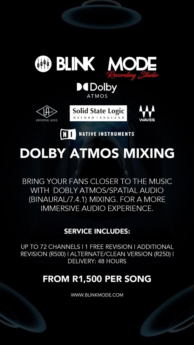 BlinkModeStudio's tweet photo. High Quality Dolby Atmos mixes only at Blink Mode Recording Studio! 

#RIPAKA #DrNandipha #NOTA https://t.co/o5PiicFGZ7