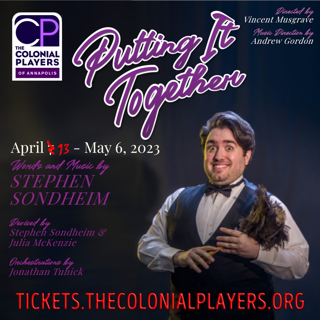 'Here We Are Again' for 🍾🎭🎼Putting It Together🎼🎭🍾
Join us from Thursday April 13 to May 6 for a little night music in Annapolis!!
🎟Tickets available: tickets.thecolonialplayers.org/eventperforman…
#puttingittogether #sondheim #sondheimforever #sondheimrevue #naptownscoop #communitytheatrerocks