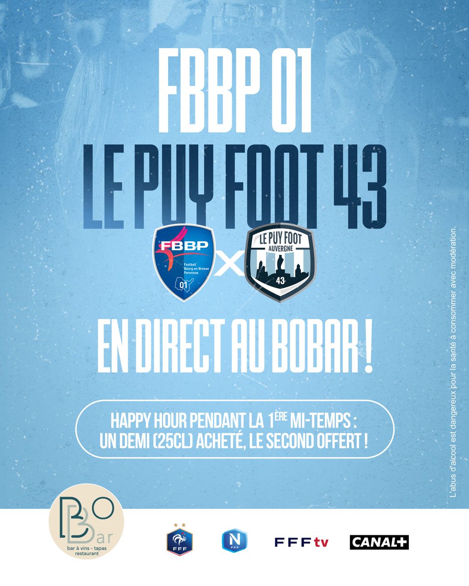 lepuyenvelayfc's tweet photo. Pour ceux qui n'ont pas la chance de se déplacer à Bourg-en-Bresse vendredi, rendez-vous au #BoBar. 

Suivez les Ciel &amp; Blancs en direct et profiter de l'𝗛𝗮𝗽𝗽𝘆 𝗵𝗼𝘂𝗿 toute la première mi-temps 🔔👌 https://t.co/oqiGc1GPKR