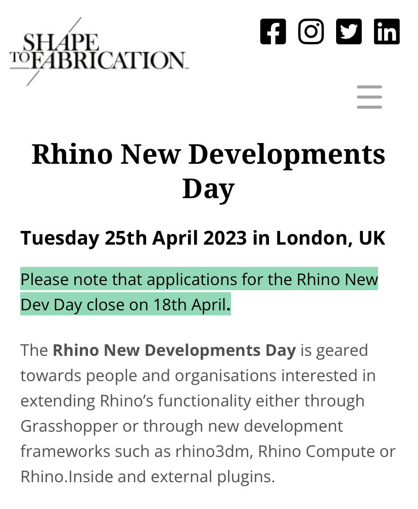 🦏 Rhino New Development Day
🇬🇧 London
👉 Applications Close on 18th April
🔗 Check whether you or someone from your team should be joining the #Rhino3d Dev Team for this all-day free event shapetofabrication.com/rhino-new-deve…