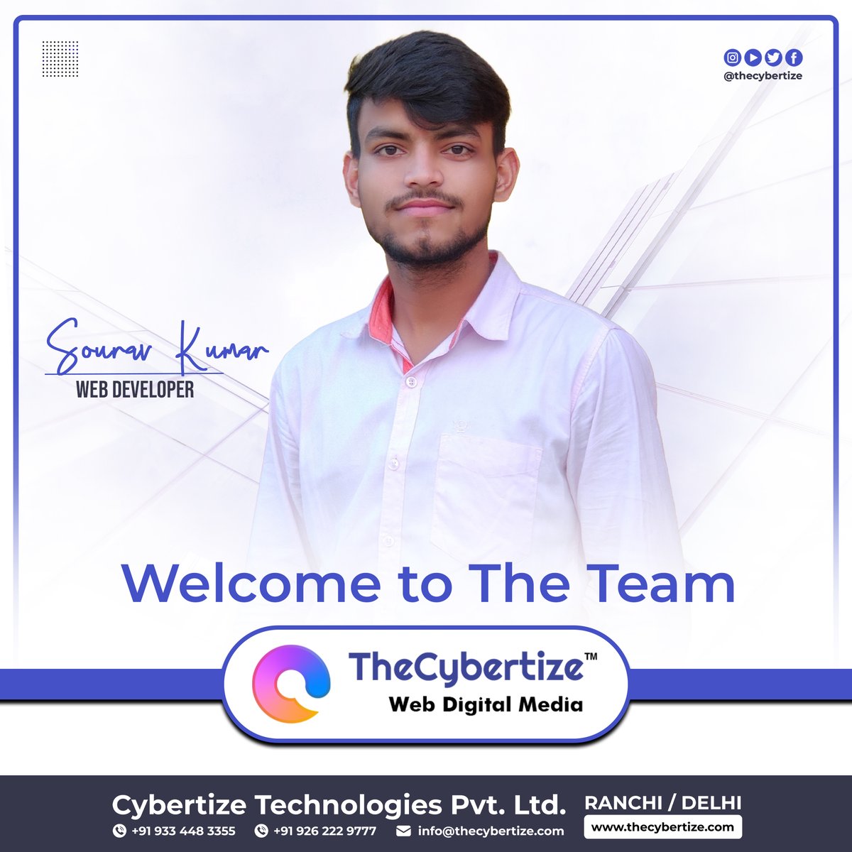 TheCybertize's tweet photo. A warm welcome to Sourav Kumar, our new web developer! #newteammember #webdevelopment #welcome . . . #newjob #jobs #career #newcareer #work #careerchange #jobopportunity #careers #motivation #business #newjobnewlife #employment #webdeveloper #developer #TheCybertize https://t.co/yLRGQNoKyq