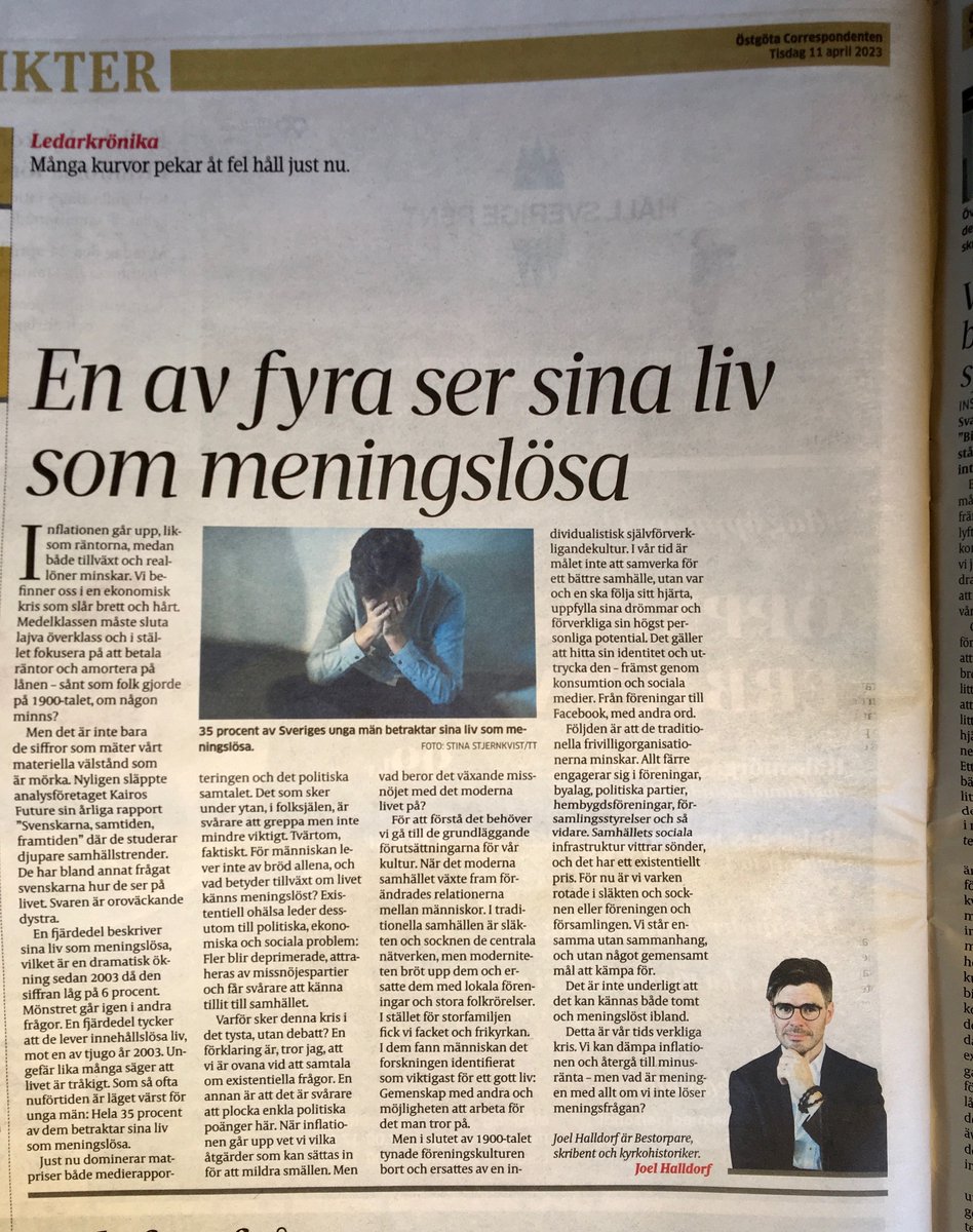 År 2003 beskrev 6% av svenskarna sina liv som meningslösa. I år var den siffran 24% - och 35% bland unga män.

Här är min ledarkolumn om en existentiell epidemi i det svenska samhället