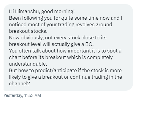 _chartitude's tweet photo. We don't predict. It is wrong. Do you think smart hands are waiting for 52-week-highs/ATH to buy any stock? Or, do you think they buy for the first time with you at high? NO

They accumulate stock before the obvious highs which is evident by certain price areas on the charts where the supply is being absorbed after the price has moved up with volume.

Volume is the fuel for any stock rise. We enter a stock in those areas before the obvious highs where our SL is often less than 4% deep which allows us to build heavy position size.

If we are right in reading their transactions - we make big money else we get out with a smaller SL

The same risk you'll also take at obvious highs so there is nothing new. But at obvious highs, you've already missed the major meat of the move & the stock is known to everyone in the town. ABB India for example. Plus, any deep pullback at an obvious high will scare you off while buying before it makes you sit patiently as you're still in profit.

Sums up the case :)