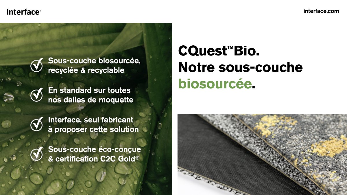 En standard sur toutes nos dalles de moquette, la sous-couche CQuest Bio contient des matériaux recyclés &amp; biosourcés, qui, évalués de manière autonome, présentent un bilan carbone négatif, réduisant ainsi l’empreinte carbone du produit fini. #BasCarbone #ConstructionDurable