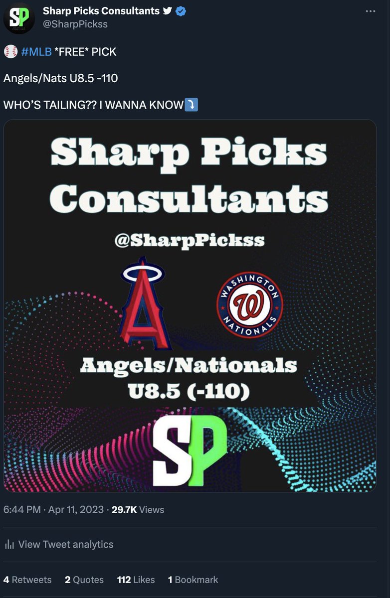 SharpPickss's tweet photo. 8-0 #Free Pick run Tuesday

💰Lakers ml + Twins + LAD/SF U9 + Flyers    +435
💰Nats/Angels U8.5 -110
💰Pirates +1.5  -110   
💰Flyers/Blue Jackets O6.5 -122
💰Pirates +154    
💰Orioles/Athletics O8 -118  
💰Yankees/Guardians O8 -110  
💰Sonego + Tsitsipas -127

#MLB for Discord Clients Tuesday 🧹🧹🧹

💰Nats/Angels U8.5 -110
💰LAD/SF U8.5 -115
💰Pirates +1.5  -110  
💰Pirates +154    
💰Cubs -116  
💰Orioles/Athletics O8 -118 
💰Yankees/Guardians O8 -110
💰Lakers ml + Twins + LAD/SF U9 + Flyers    +435

#NHL for Discord Clients Tuesday 🧹🧹🧹

💰Flyers/Jackets O6.5  -122
💰LIVE: Oilers/Avalanche U6.5 +100
💰Lakers ml + Twins + LAD/SF U9 + Flyers    +435

#TENNIS for Discord Clients Tuesday 🧹🧹

💰Lehecka + Rublev -107 
💰Sonego + Tsitsipas -127

#SOCCER for Discord Clients Tuesday 
��Carrick/Dungannon U2.5 -116
💰GKS Katowice/Opole U2.5  -120
💰Newry City/Portadown U2.5 -115
😡Bayern Munich +0.75  -120

#NBA: 
💰Lakers/Wolves U230 -110 
💰Lakers ml + Twins + LAD/SF U9 + Flyers    +435