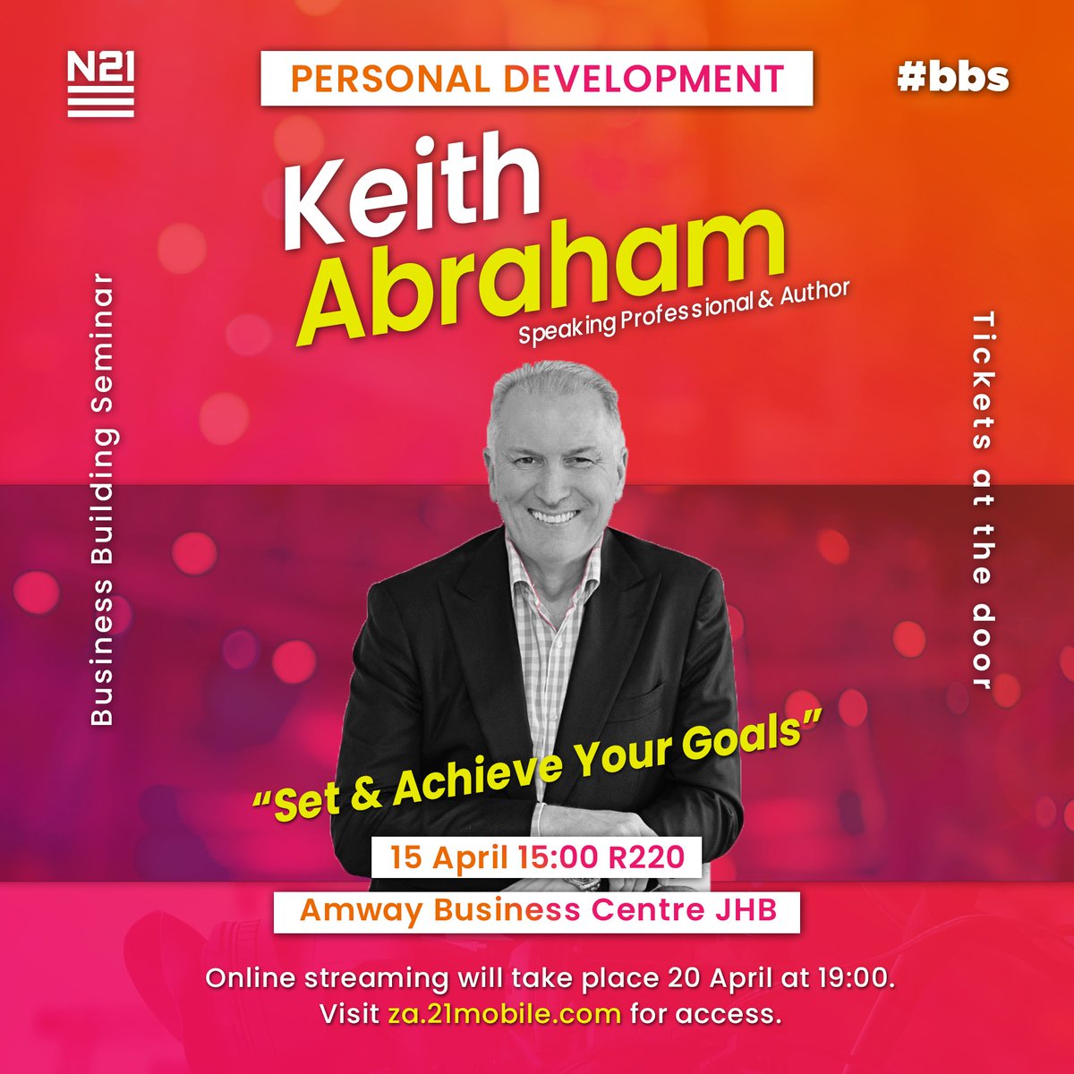 network21za's tweet photo. Keith Abraham will be speaking on 15 April.
#bbs #businessbuildingseminar #n21globalevents #n21global #network21sa #network21 #n21strong #n21events #N21 #amway #amwaysouthafrica #keithabraham #personaldevelopment https://t.co/9qewuCulJW