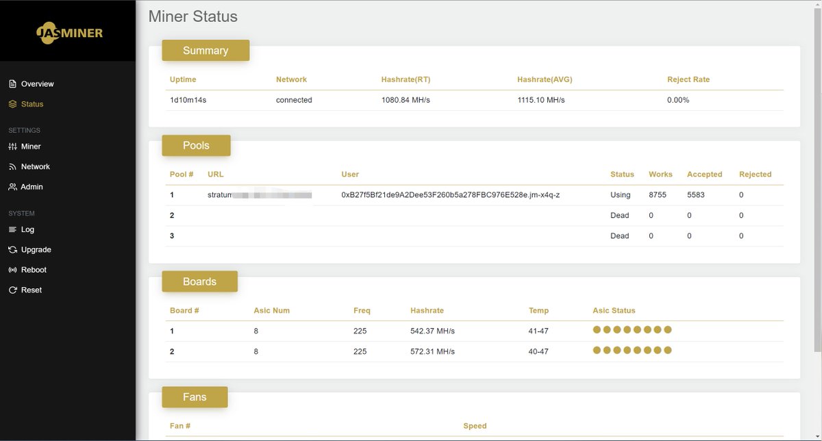 ROI 300 days for #Jasminer!

#OCTA mining with #X4Q-Z is working perfectly.
17-20 $OCTA per day, 
price $0.44, just claimed other 50%!

$8 of gross income. 

Currently Jasminer X4Q-Z is on sale

DM me if you are interested!
Or use my promo code: BR6E7N in jinglemining.com!